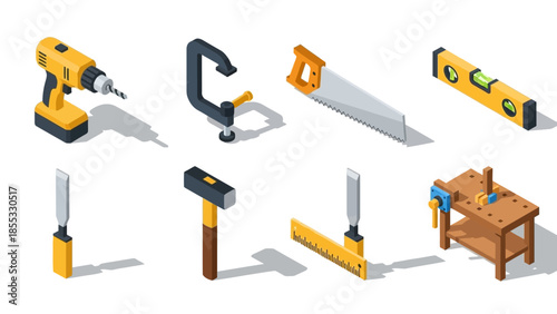 Essential isometric woodworking tools in modern design for diy projects