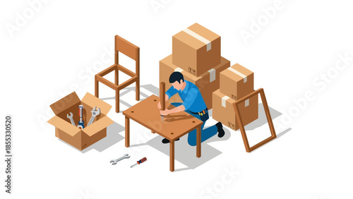 Isometric assembly worker building furniture with tools and boxes