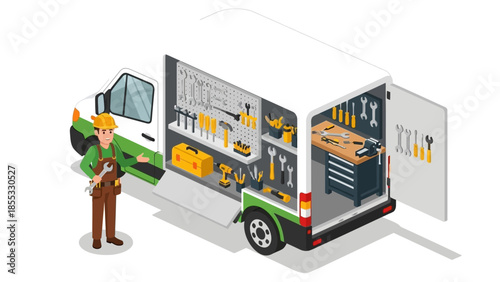 Isometric service van with tools and technician: mobile repair concept