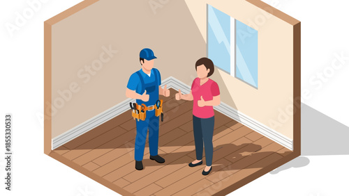 Isometric home renovation scene with builder and client interacting inside room