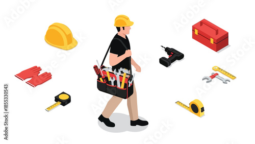 Construction worker with tools and safety gear in isometric design