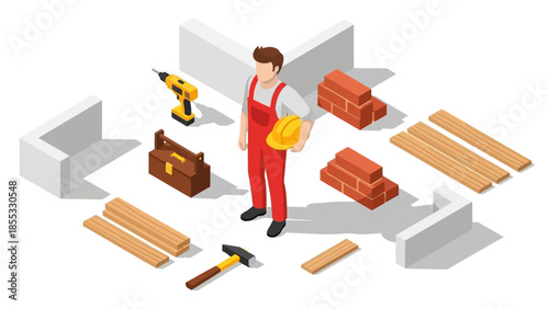 Isometric construction worker with tools and building materials