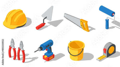 Isometric construction tools set for home improvement and diy projects