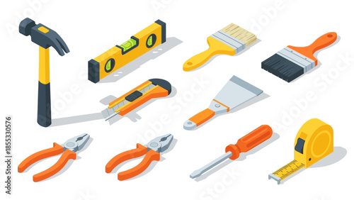 Essential construction tools in isometric style for diy and home improvement projects