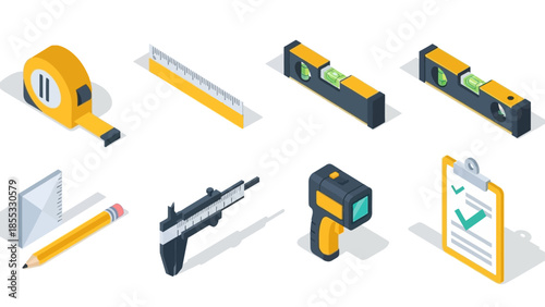 Isometric measuring tools set with precision instruments for construction and design