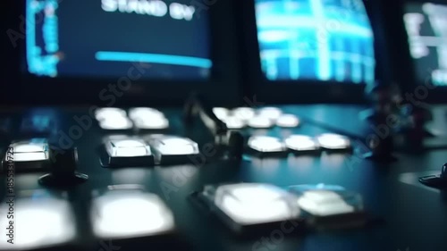 Modern studio control desk with illuminated buttons and blurry background screens in a professional broadcasting or media production environment