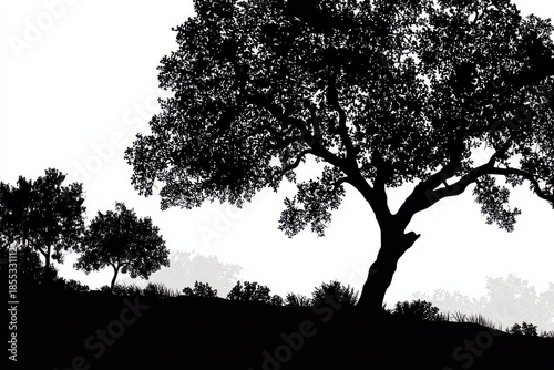 Silhouette of a Lush Black Tree on a Hillside Against a White Background in a Peaceful Nature Scene