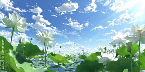 Serene Lotus Pond Under a Bright Sky with Fluffy Clouds and Sunlight, White Lotus Flowers, Green Leaves, and Water Creating a Peaceful Atmosphere