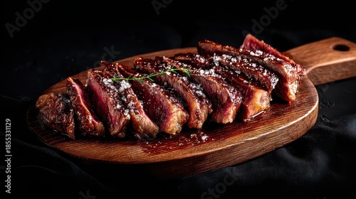 Sliced Grilled Steak on Wooden Board with Dark Background close up food photography rich in color restaurant style food presentation professional lighting