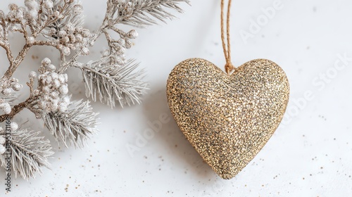 Sparkling Heart Ornament Hanging Beside Frosted Branch on White Background for Festive Celebration
