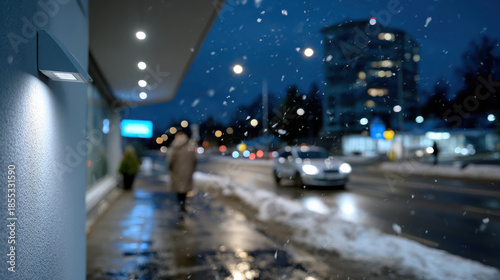 A snowy evening scene captures the tranquil ambiance of a city street, illuminated by warm lights and featuring a moving car, enhancing the winter atmosphere and mood.