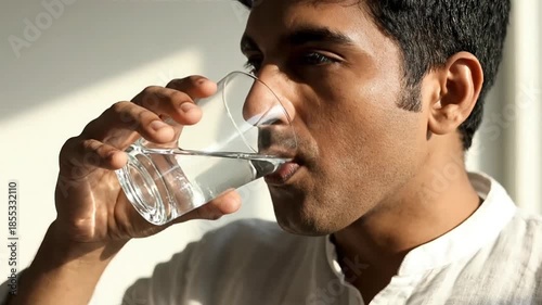 A man in a white shirt drinks a refreshing glass of water, staying hydrated indoors with natural light.