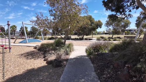 A suburban playground and shared path in Wyndham Vale, suburban Melbourne, Australia, featuring modern play equipment. A contemporary neighborhood public space for families, outdoor recreation
