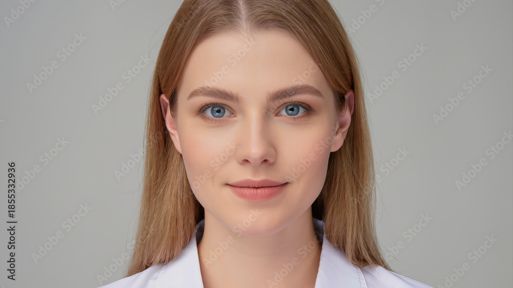 Fototapeta premium Close-up of a young caucasian blonde woman with blue eyes smiling slightly in a white shirt against a grey background