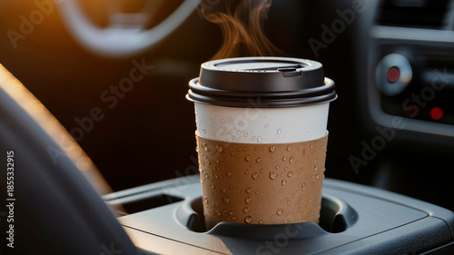 Steaming takeaway coffee cup with condensation in car cup holder against blurred vehicle interior in warm morning light. Concept for beverage advertising and morning commute