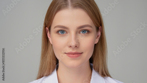Close-up of a young caucasian blonde woman with blue eyes smiling slightly in a white shirt against a grey background