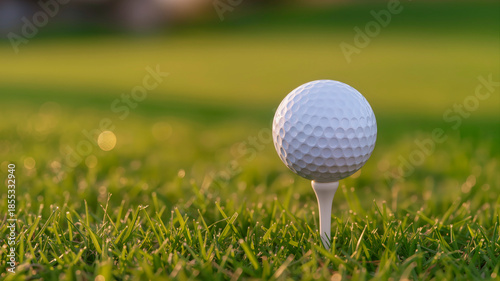 White golf ball on white tee standing on green grass field with soft bokeh and golden hour sunlight