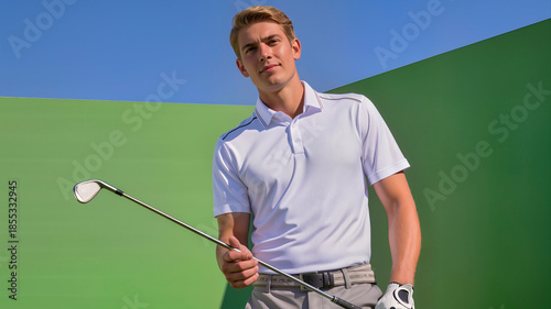 Young caucasian male golfer wearing a white polo shirt and glove holding a club against a green wall and blue sky