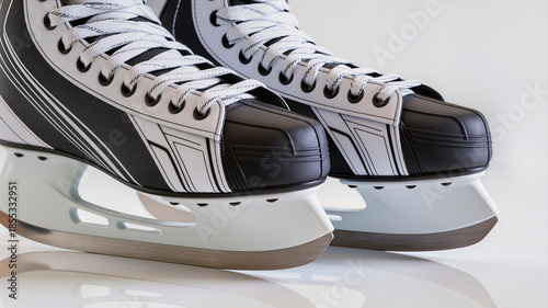 Pair of black and white ice hockey skates with sharp blades on a white reflective surface with negative space. Professional sports equipment concept