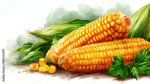 Corn vegetable illustration, agricultural crop graphic, cereal grain representation, farming produce, food ingredient artwork, botanical drawing, with copy space