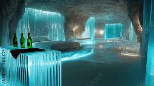 Ice Bar with Bottles in Frozen Cave