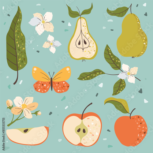 Decorative set of pears, apples, flowers, leaves, and a butterfly on a soft pastel background. Colored stylized set of whole and cut apples and pears in a playful style. Perfect for food themes