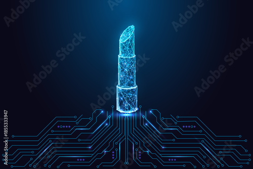 Futuristic glowing lipstick on circuit board, beauty tech and cosmetics vector