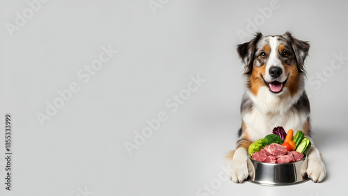 A healthy dog is smiling and excited to eat its fresh raw food diet consisting of meat, vegetables, and nutritious ingredients for a balanced meal.
