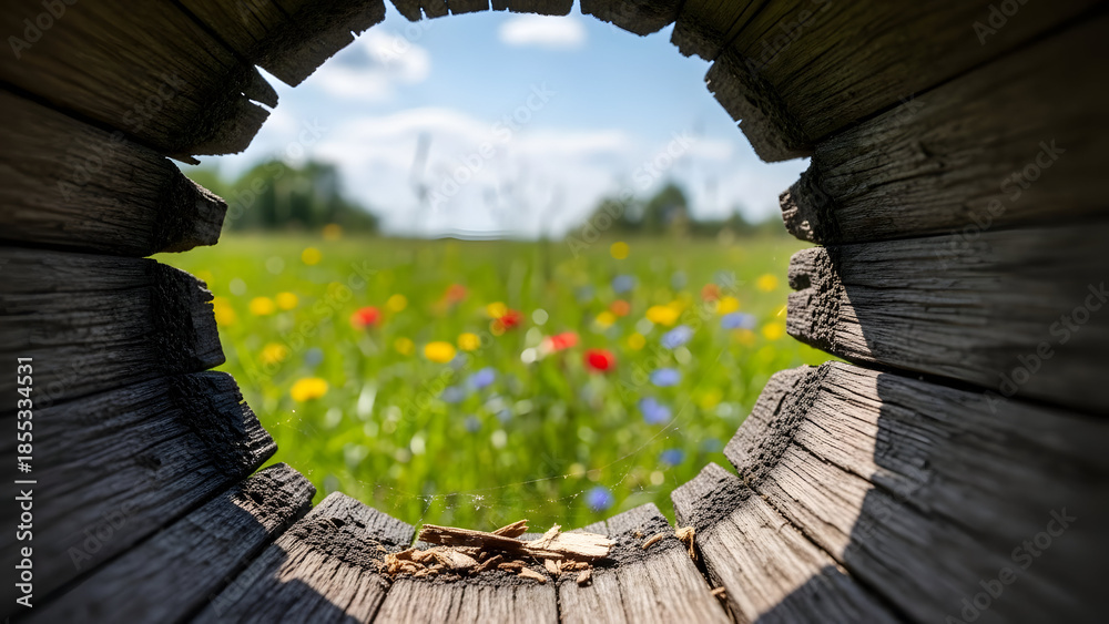 Obraz premium Capture the essence of nature's beauty with this enchanting meadow scene, viewed through a rustic wooden frame, evoking a sense of wonder and tranquility.
