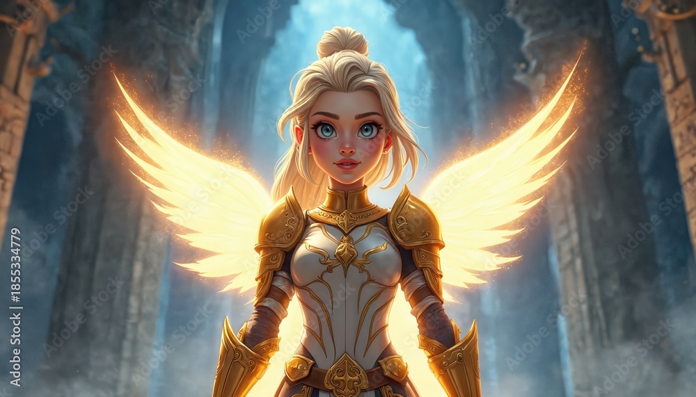 Fototapeta premium Young blonde female warrior in ornate golden armor with glowing wings. She stands in ancient ruins, bathed in divine light. Heroine inspires hope and courage. Character looks strong.