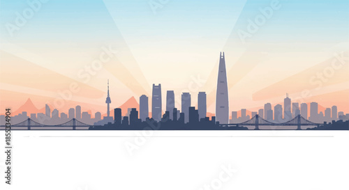 The Seoul skyline at dawn is rendered in a clean, aesthetic 2D flat illustration style, featuring iconic metropolitan architecture bathed in soft sunrise light against a pure white background.