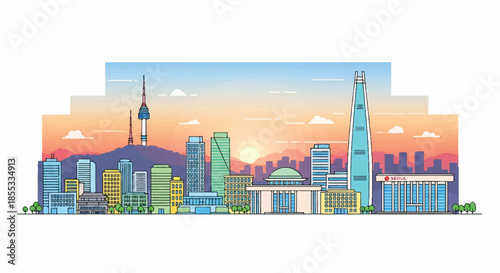 Colorful 2D flat vector illustration of the famous Seoul city skyline illuminated by a vibrant orange and pink sunrise, perfectly isolated on a clean white background.