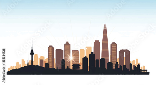 The iconic South Korea Seoul skyline is depicted as a clean, flat 2D vector illustration silhouette, beautifully capturing urban architecture at sunrise against a white backdrop.