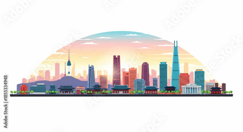 Colorful Flat 2D illustration of the modern Seoul city skyline, showcasing prominent skyscrapers and urban architecture bathed in a soft sunrise gradient, isolated on a clean white background.
