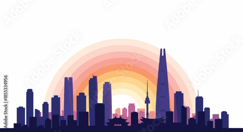 Seoul skyline 2D flat illustration showcasing modern Asian skyscrapers bathed in the vibrant light of a beautiful sunrise, standing clearly on a white background.