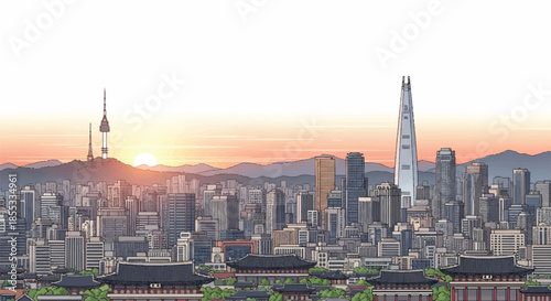A detailed flat 2D vector illustration captures the majestic Seoul city skyline silhouetted against the vibrant colors of an early morning sunrise, isolated on a clean white background.