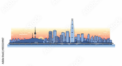 Minimal flat 2D vector illustration of the iconic Seoul city skyline at sunrise, featuring modern skyscrapers and architectural landmarks against a clean white background.
