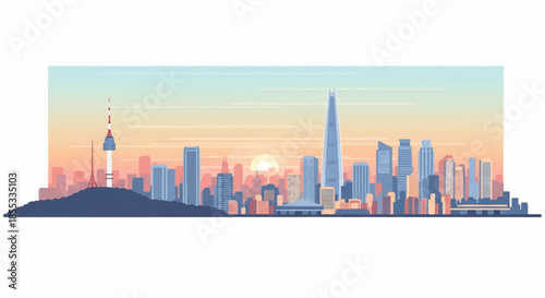 A flat 2D vector illustration of the iconic Seoul city skyline, illuminated by soft morning light during sunrise, isolated cleanly on a white background.