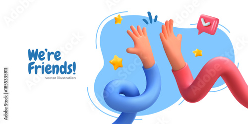 Friendship High Five Concept With Cute 3D Hands, Stars And Chat Icon On Blue Background. Social Connection, Teamwork And Positive Emotions. Friendly High Fives. Vector Illustration