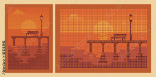 Vibrant Sunset at the Ocean Pier halftone Poster Illustration 