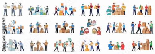Collection of Illustrations Featuring Delivery Workers and Logistics Staff Scanning, Sorting, and Moving Cardboard Boxes for Shipping and Inventory Management.