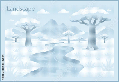 Scenic Savanna halftone Landscape with Baobab Trees and Distant Mountains