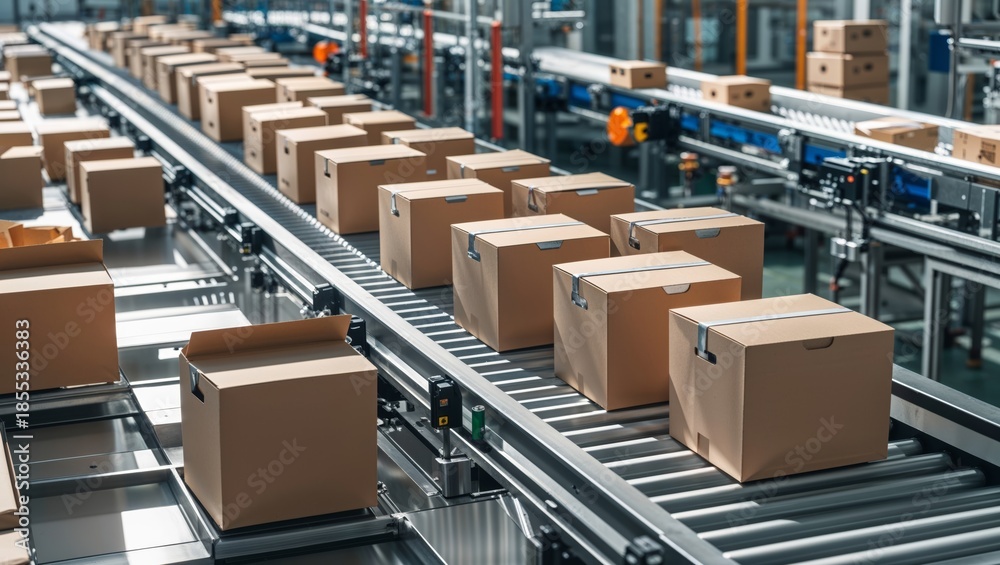 Fototapeta premium Automated conveyor belt system moving cardboard boxes in a modern warehouse
