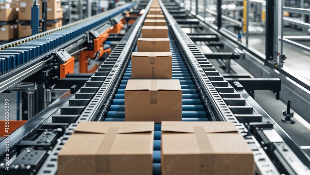 Fototapeta premium Automated conveyor belt system moving cardboard boxes in a modern warehouse