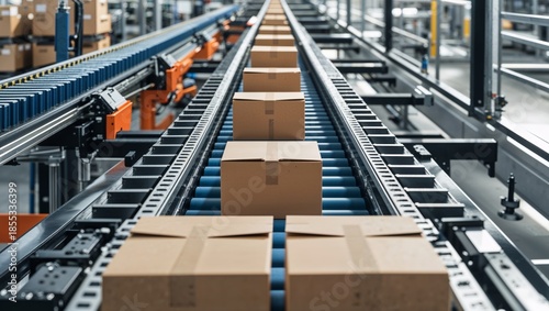 Automated conveyor belt system moving cardboard boxes in a modern warehouse