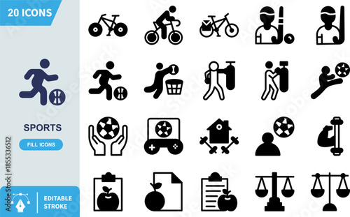 Silhouette icon representing an athlete actively engaged in playing soccer or football with a ball is displayed within a minimalist graphic design interface