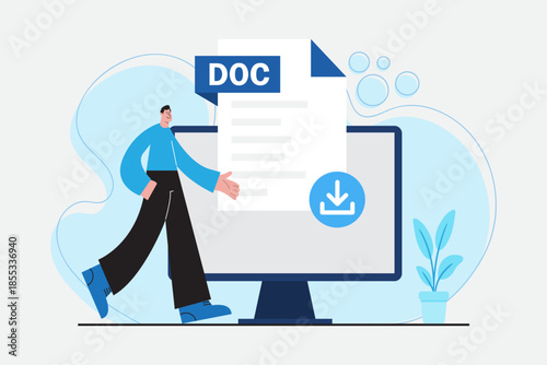 DOC File Download Illustration with Businessman and Computer Screen, Word Document Format Concept