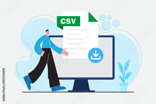 CSV File Download Concept Illustration with Businessman and Computer Screen, Data Export and Spreadsheet Format