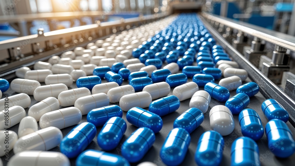 Fototapeta premium Pharmaceutical production line with rows of blue and white capsules moving forward