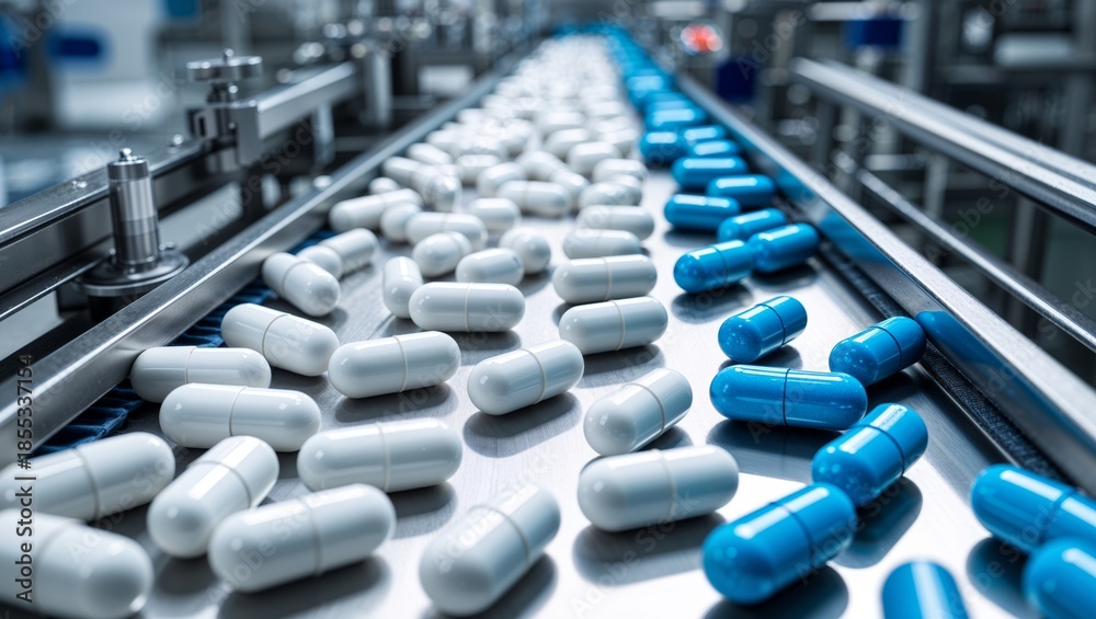 Fototapeta premium Pharmaceutical capsules moving on a conveyor belt in a modern manufacturing facility